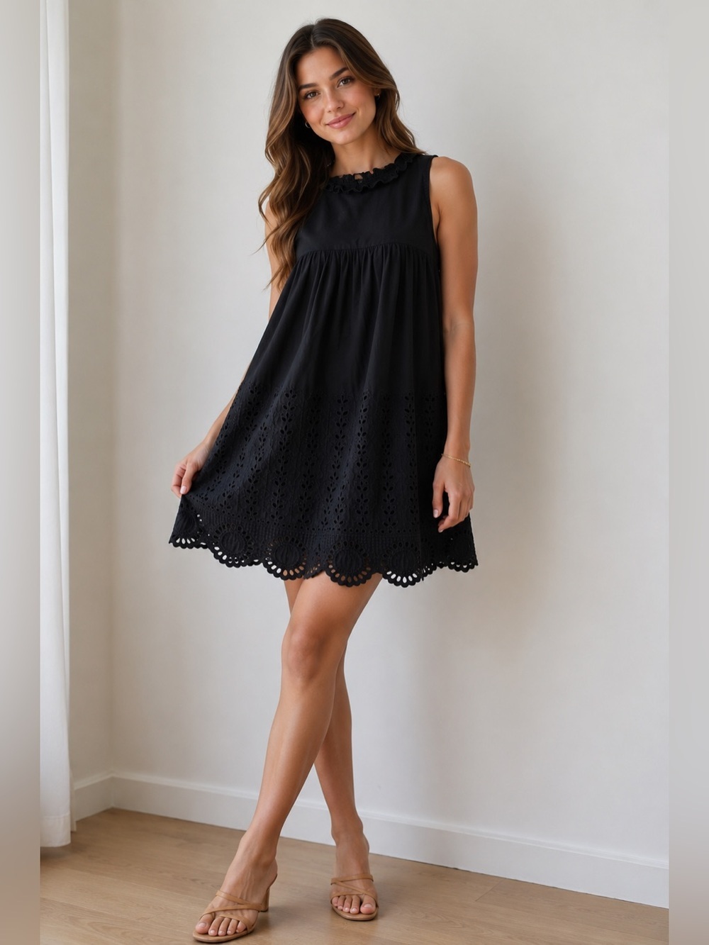 • Anna Sui • Black Eyelet Cotton Mini Dress XS